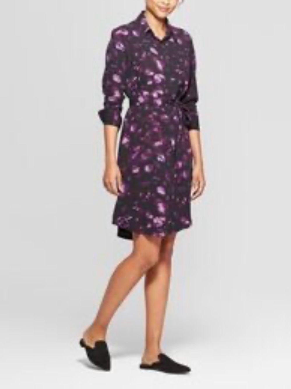 Prologue Floral Shirt Dress Black Purple Tie Waist Long Sleeves XL